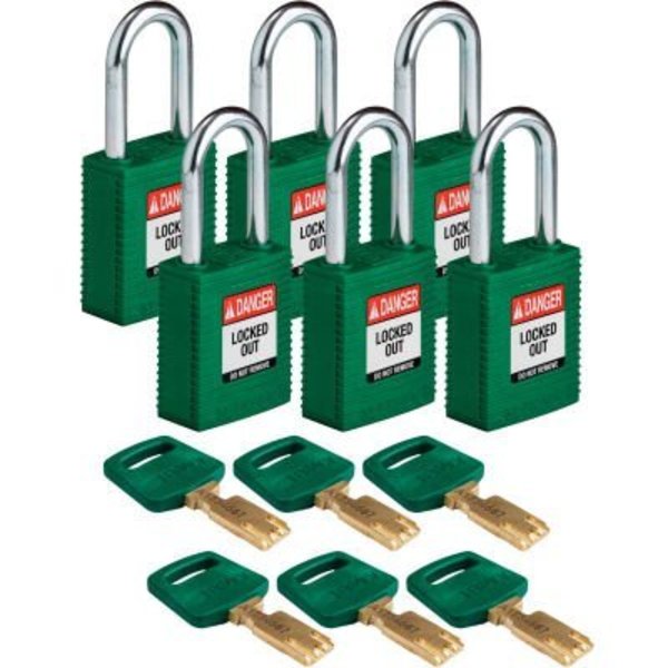 Brady Brady® NYL-GRN-38ST-KA6PK Brady SafeKey Lockout Padlock Nylon 1.5" Steel Shackle Keyed Alike NYL-GRN-38ST-KA6PK